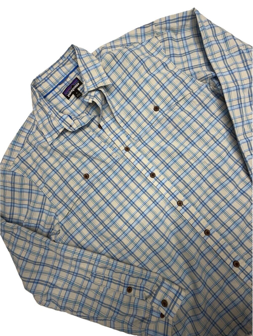 Patagonia Island Hopper Shirt Men’s M Cream Light Blue Plaid Long Sleeve